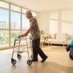 Elderly senior walking safely on textured slip-resistant flooring in an age-proofed Singapore HDB flat.