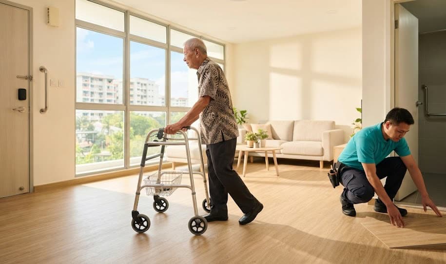 Elderly senior walking safely on textured slip-resistant flooring in an age-proofed Singapore HDB flat.