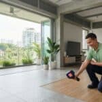 Technician measuring thermal conductivity and surface temperature of cooling engineered wood and tile flooring in a Singapore home.