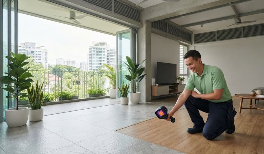 Technician measuring thermal conductivity and surface temperature of cooling engineered wood and tile flooring in a Singapore home.