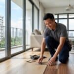 Professional flooring specialist inspecting engineered wood and luxury vinyl tile installation in a new Singapore HDB BTO living room.