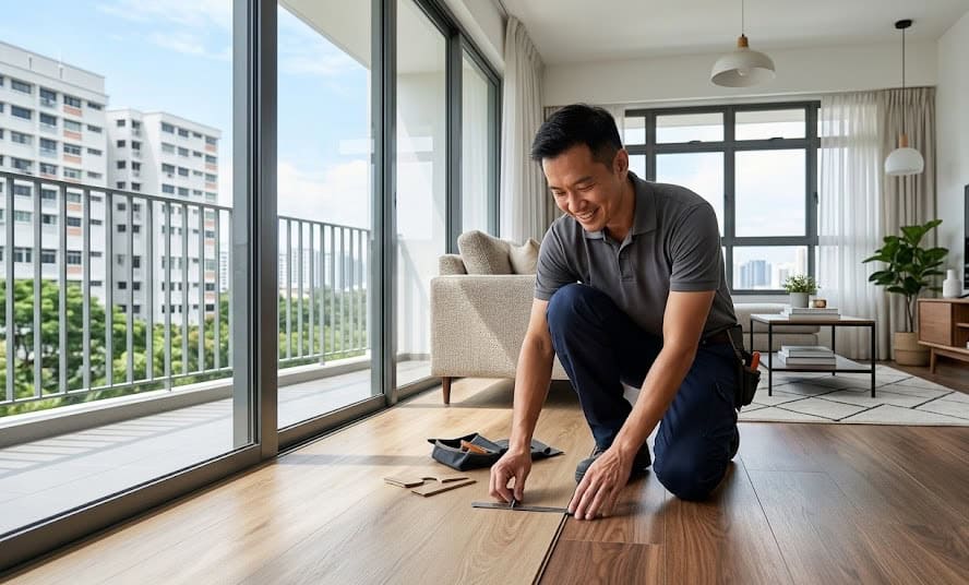 Professional flooring specialist inspecting engineered wood and luxury vinyl tile installation in a new Singapore HDB BTO living room.