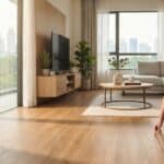 Property manager inspecting durable SPC vinyl flooring in a Singapore co-living rental apartment.