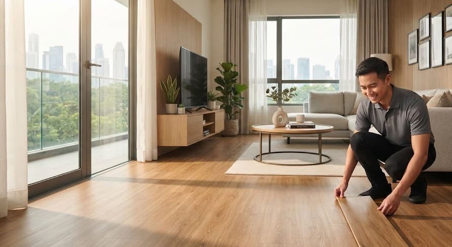 Property manager inspecting durable SPC vinyl flooring in a Singapore co-living rental apartment.