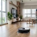 Advanced smart robot mop cleaning scratch-resistant SPC vinyl flooring in a modern Singapore home.