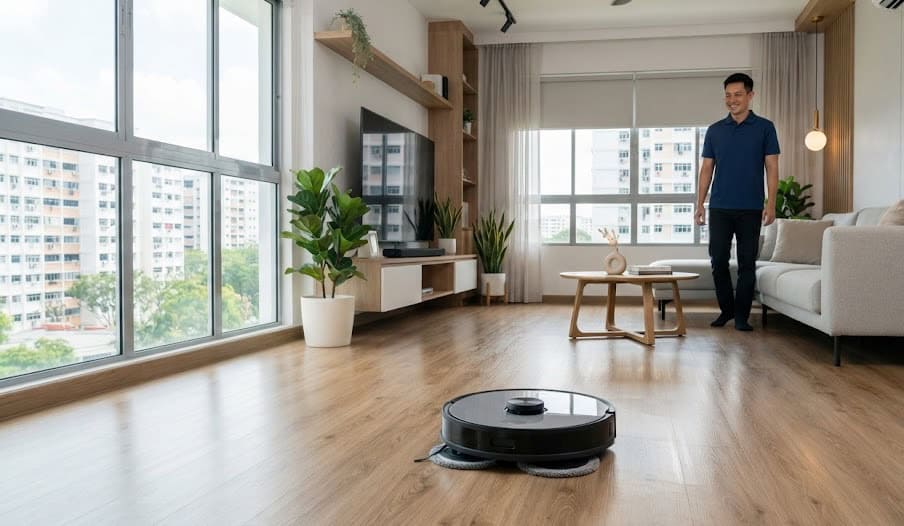 Advanced smart robot mop cleaning scratch-resistant SPC vinyl flooring in a modern Singapore home.